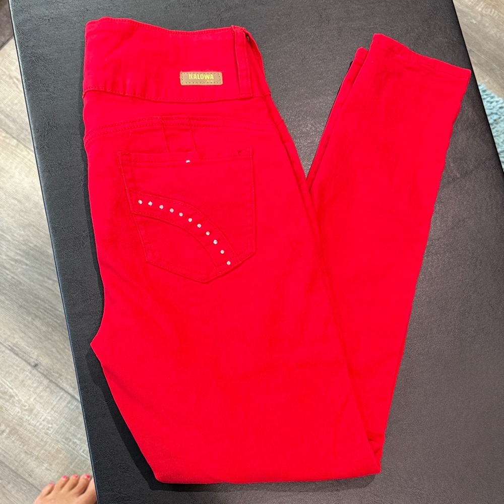 Kalowa Women's Red Skinny Jeans with Studded Back Pocket